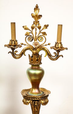 Art Deco Oscar Bach Iron, Enamel & Iridescent Glass Floor Lamps Torcheres, Pair