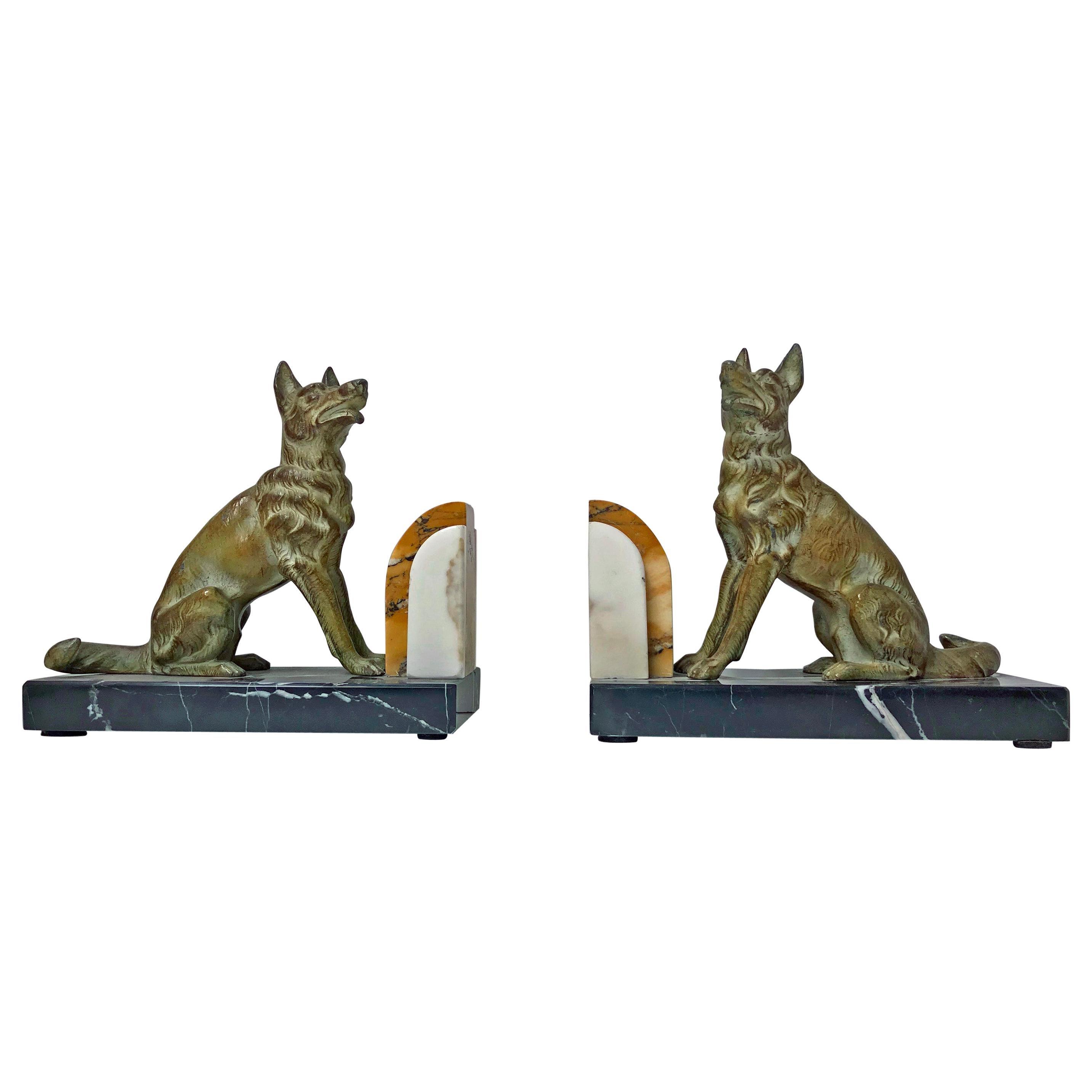 Pair of Art Deco patinated Bronze Dog Bookends, France, circa 1930