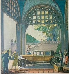 Pareja de grabados publicitarios de coches Cadillac de época Art Déco, 1928, 1929