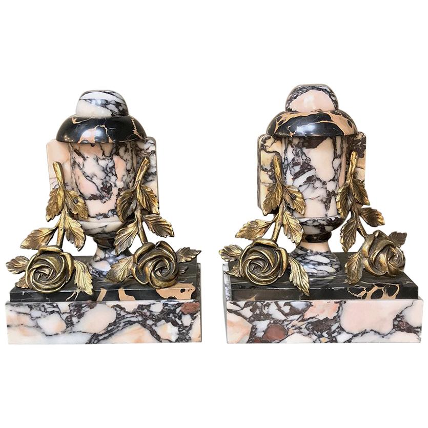 Pair Art Deco Period French Bronze and Marble Cassolettes or Bookends