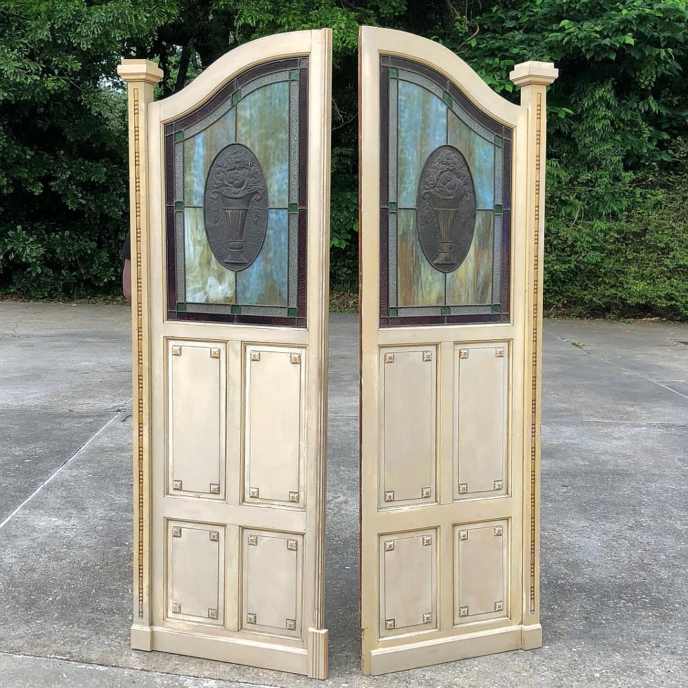 Hand-Crafted Pair of Art Deco Period Salon Doors with Stained Glass