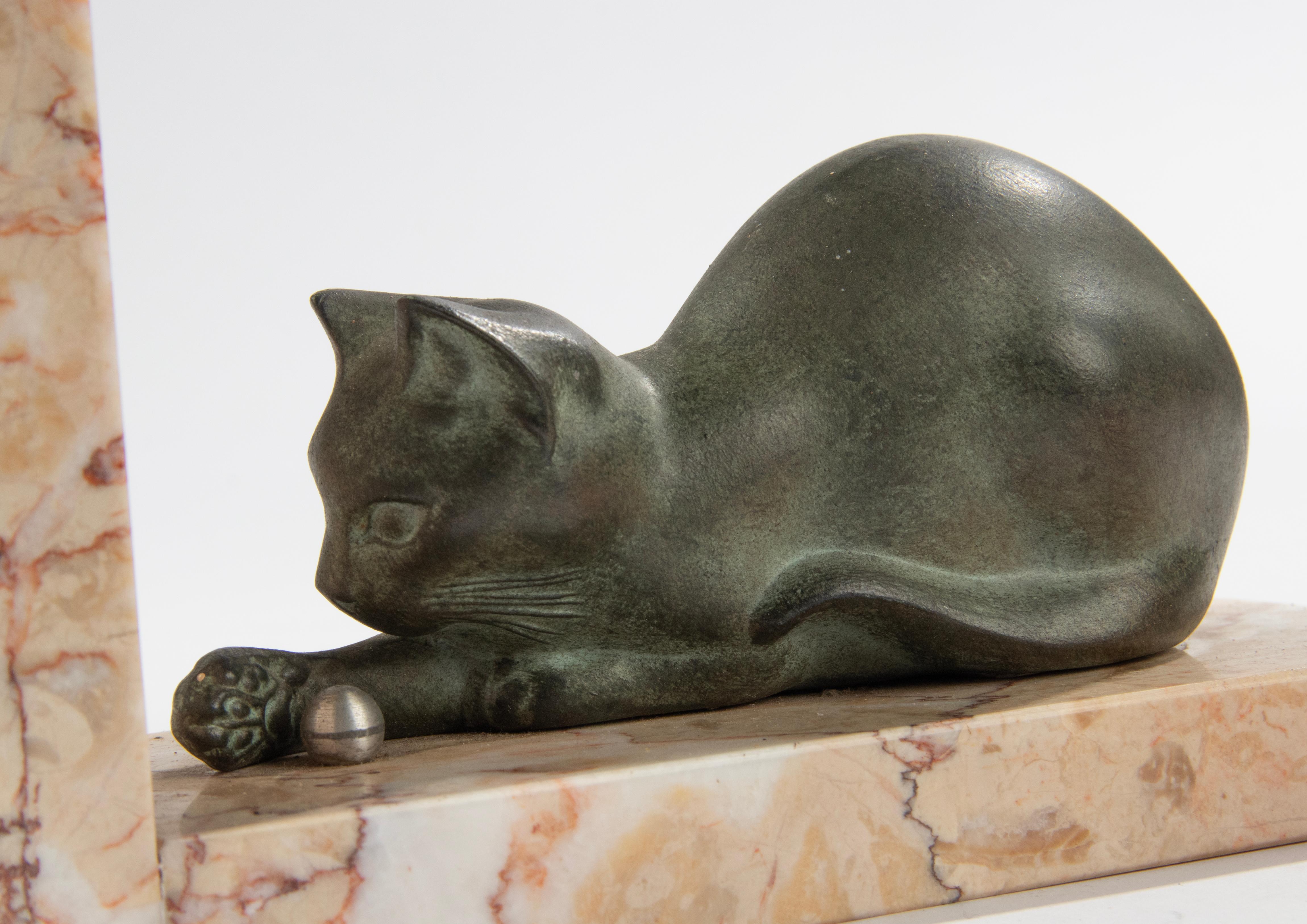 Cast Pair Art Deco Period Spelter Bookends with Playing Cats by Marti Font