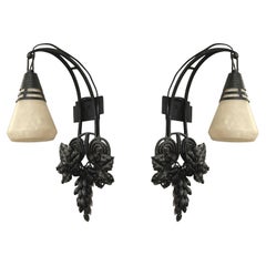Pair Art Deco Period Wrought Iron and Alabaster Sconces