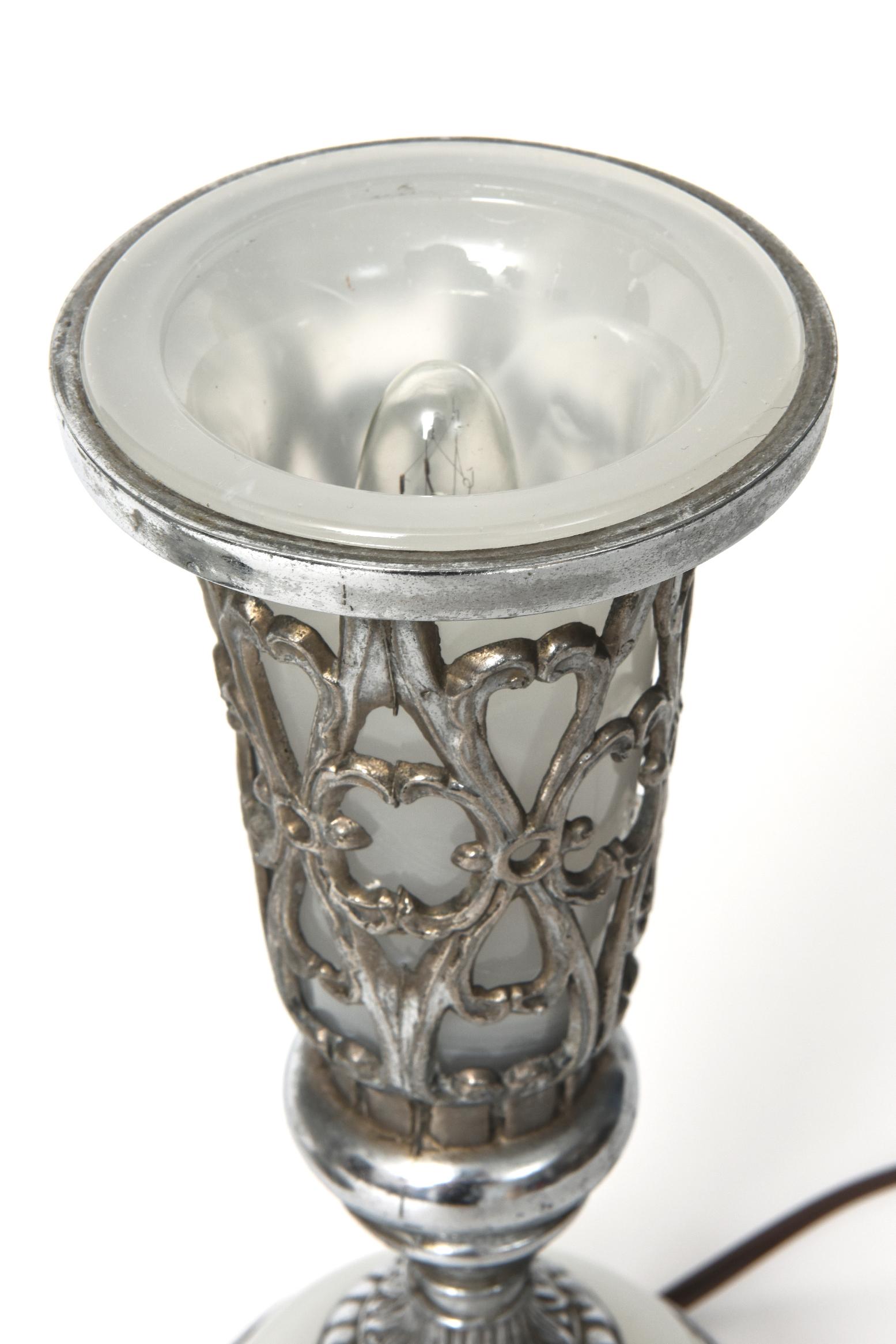 Metal Pair Art Deco Pierced Chrome and White Milk Glass Romantic Table Lamps For Sale