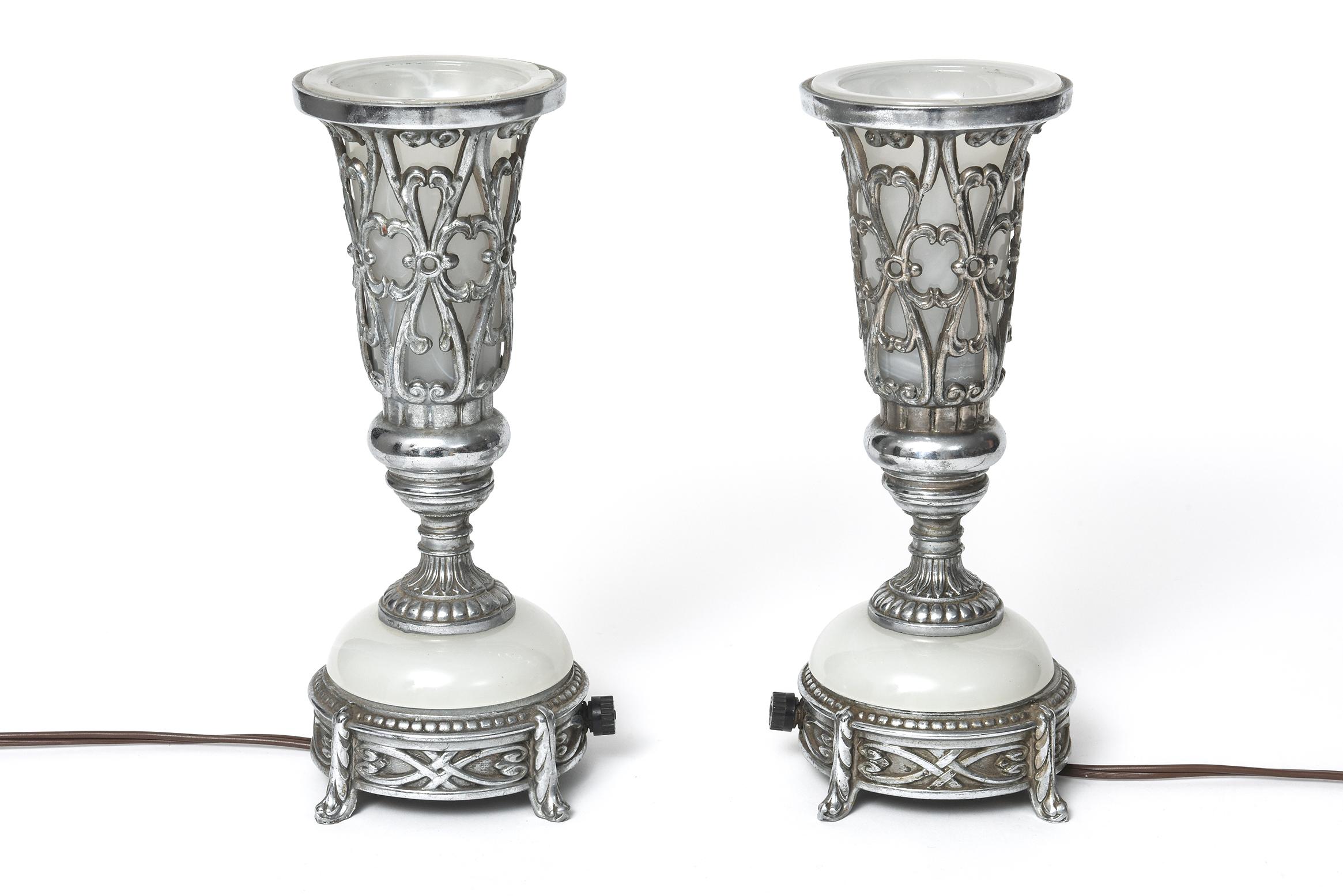 Pair Art Deco Pierced Chrome and White Milk Glass Romantic Table Lamps For Sale 2