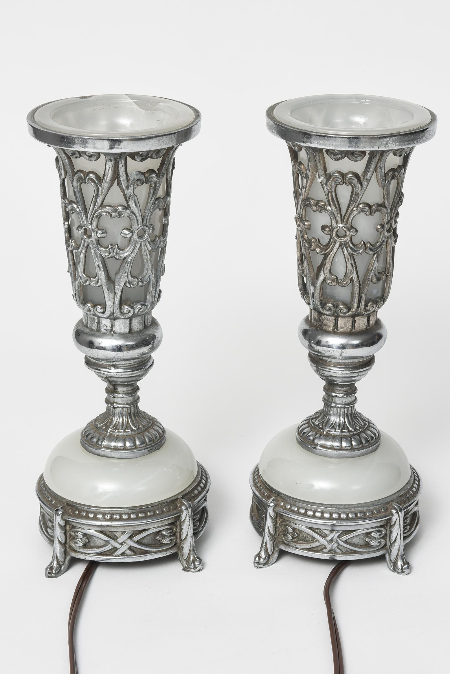 Pair Art Deco Pierced Chrome and White Milk Glass Romantic Table Lamps For Sale 3