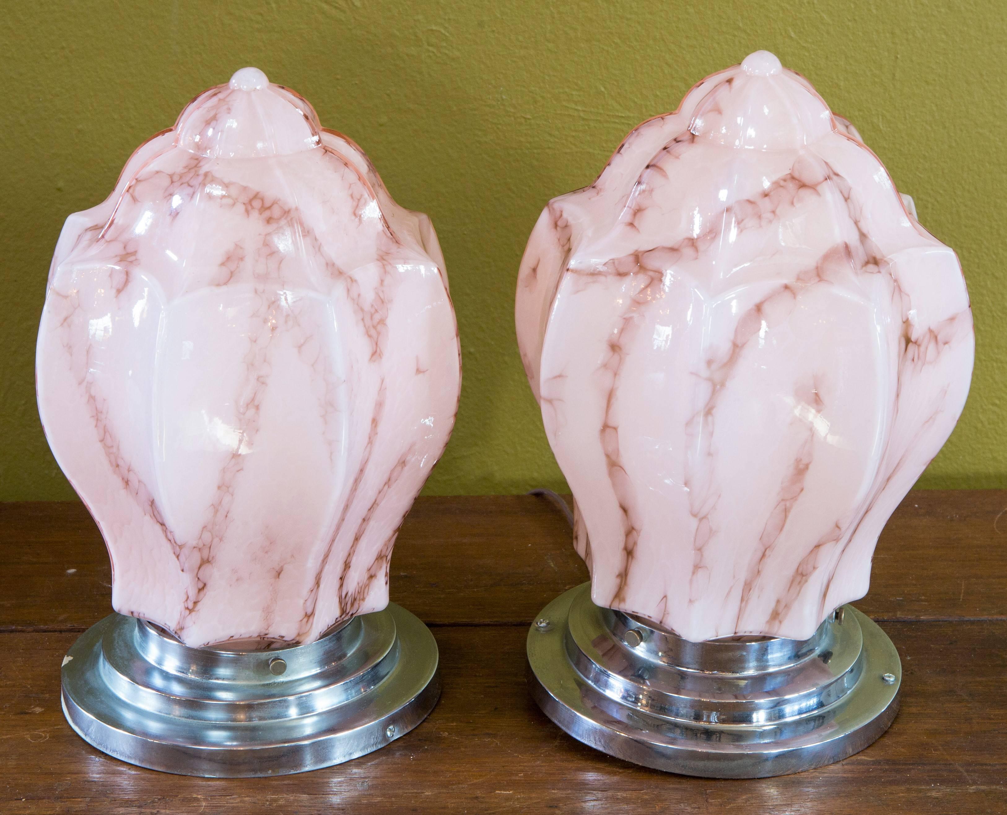 Pair of Art Deco Pink Marbelized Glass Flush Mount Lights Skyscraper Style In Excellent Condition In Houston, TX