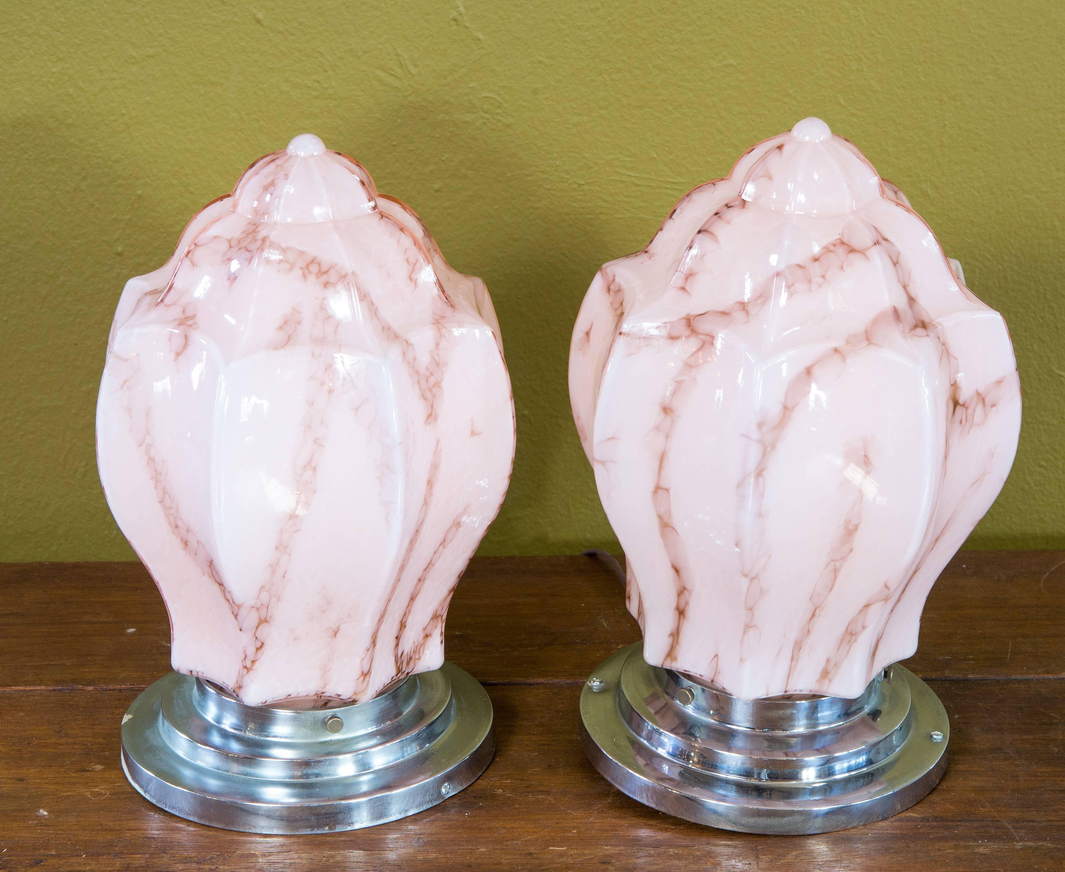 Mid-20th Century Pair of Art Deco Pink Marbelized Glass Flush Mount Lights Skyscraper Style