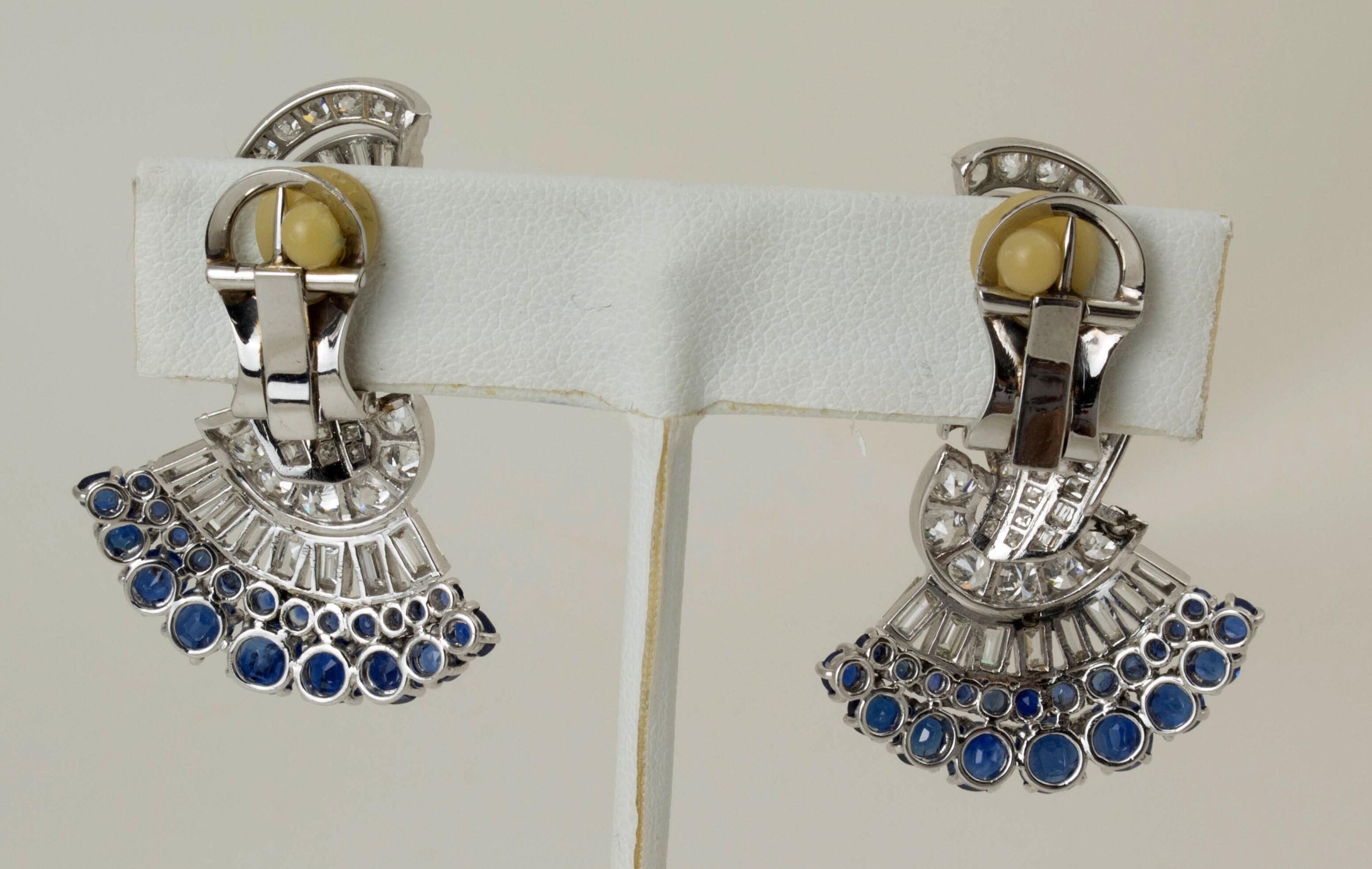 Pair of Art Deco Platinum, Sapphire, Diamond Fan Shaped Ear Clips 6