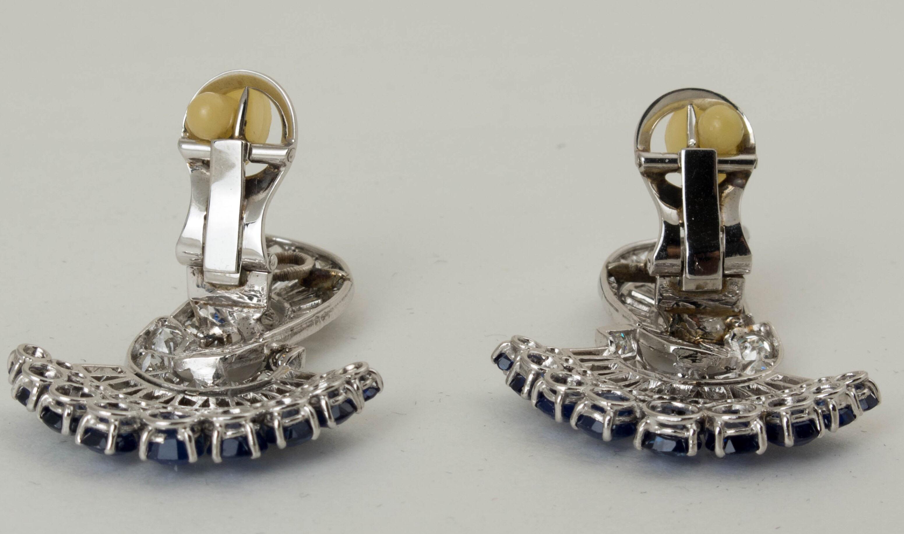 Pair of Art Deco Platinum, Sapphire, Diamond Fan Shaped Ear Clips 7