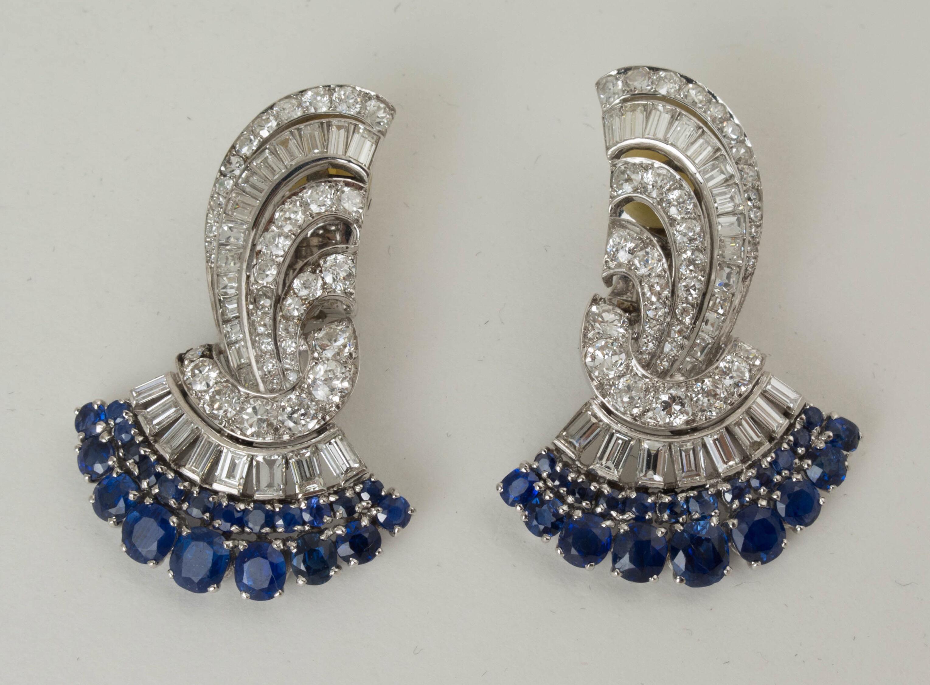 Round Cut Pair of Art Deco Platinum, Sapphire, Diamond Fan Shaped Ear Clips