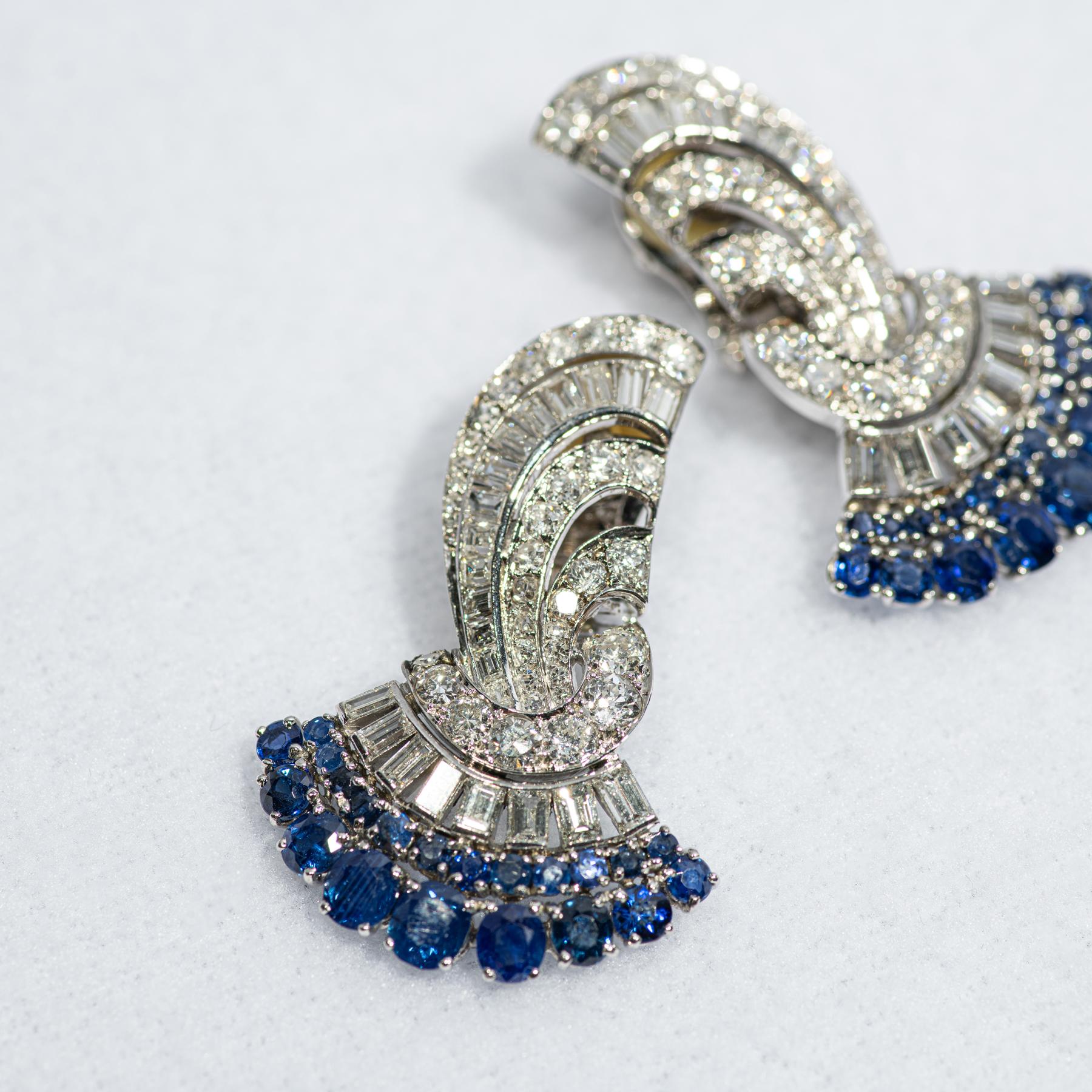 Pair of Art Deco Platinum, Sapphire, Diamond Fan Shaped Ear Clips In Good Condition In Austin, TX