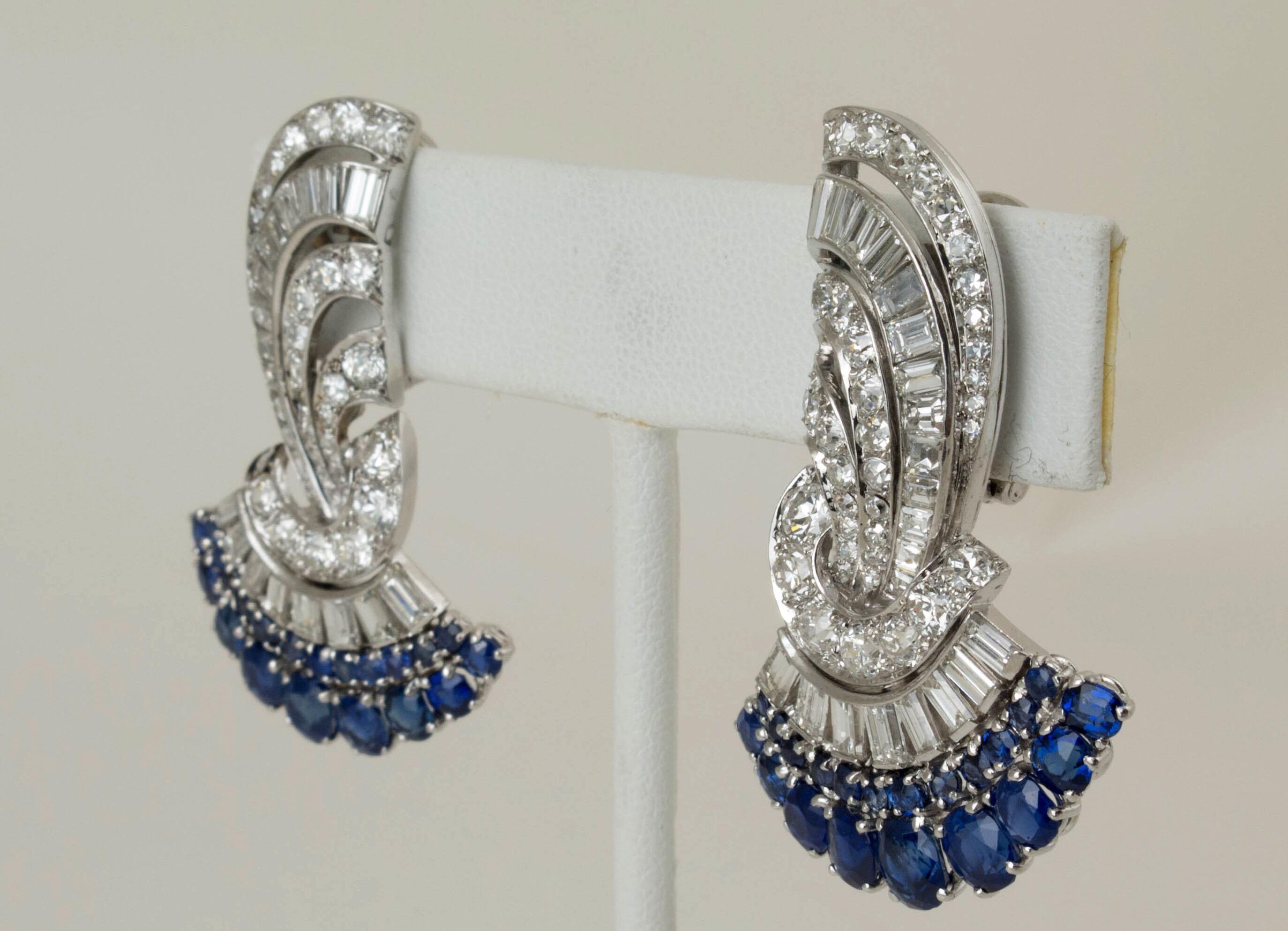 Pair of Art Deco Platinum, Sapphire, Diamond Fan Shaped Ear Clips 2