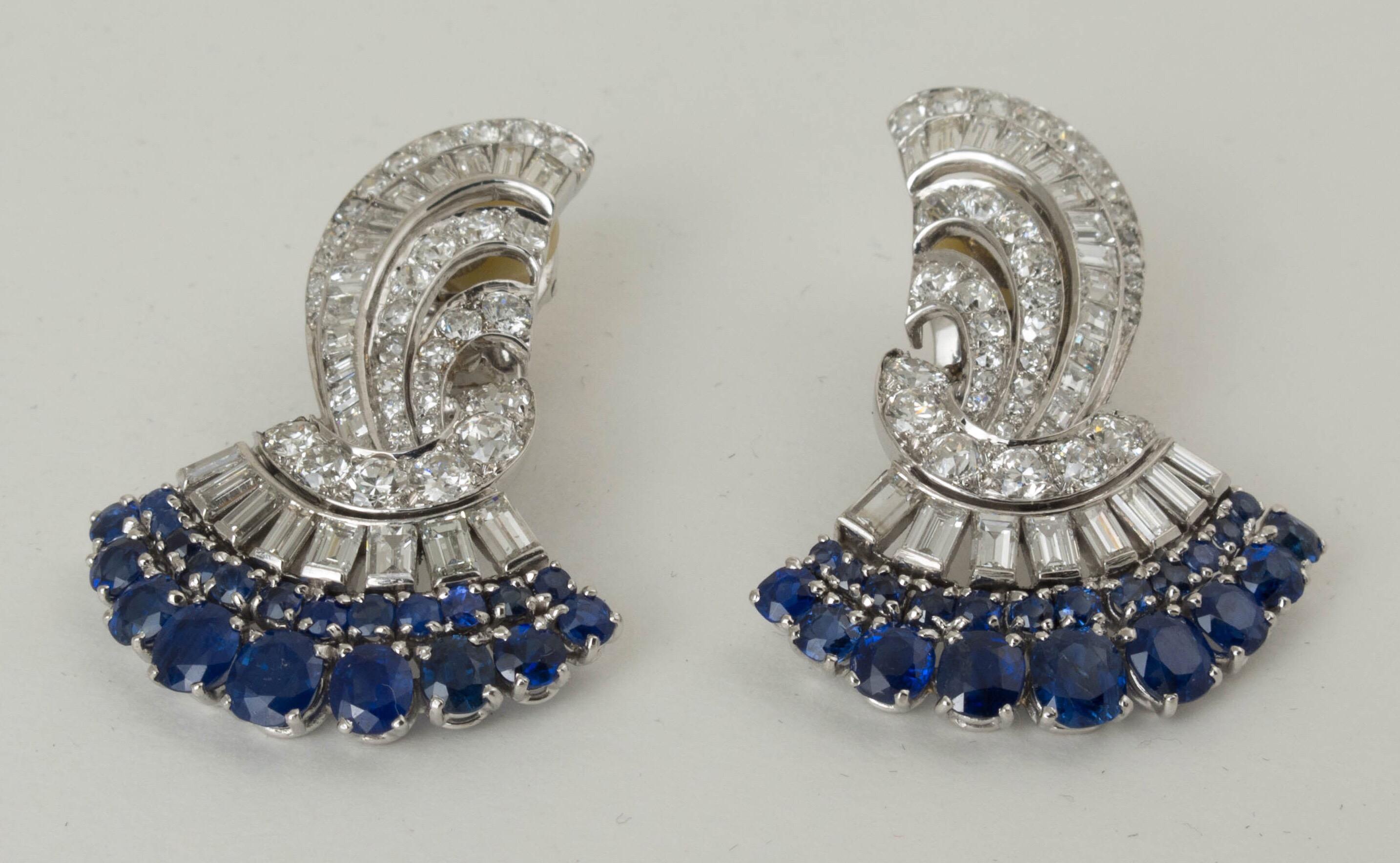 Pair of Art Deco Platinum, Sapphire, Diamond Fan Shaped Ear Clips 4
