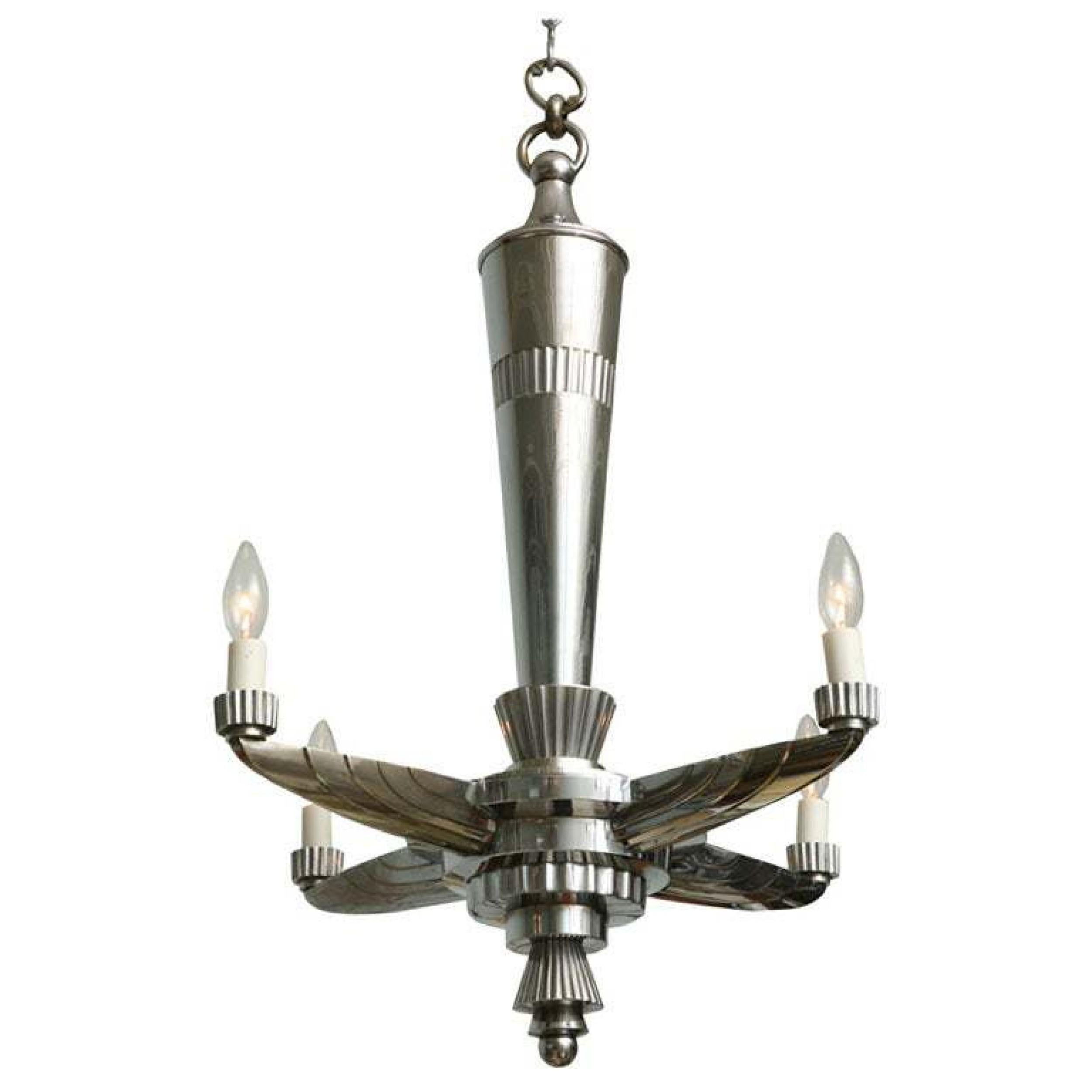 Coppia di lampadari Art Deco a quattro bracci in nichel lucido e bronzo in vendita