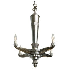 Pair Art Deco Polished Nickel and Bronze Four-Arm Chandelier