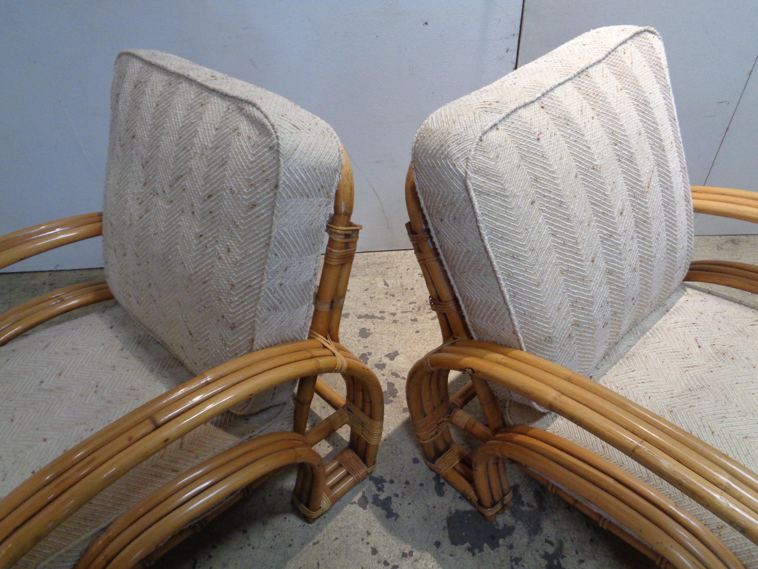 Upholstery  Rattan Double Horseshoe Lounge Chairs For Sale