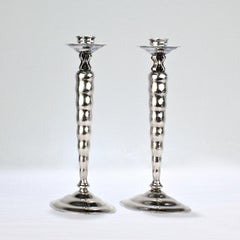 Pair Art Deco Reed & Barton Sterling Silver Hand Hammered Modernist Candlesticks