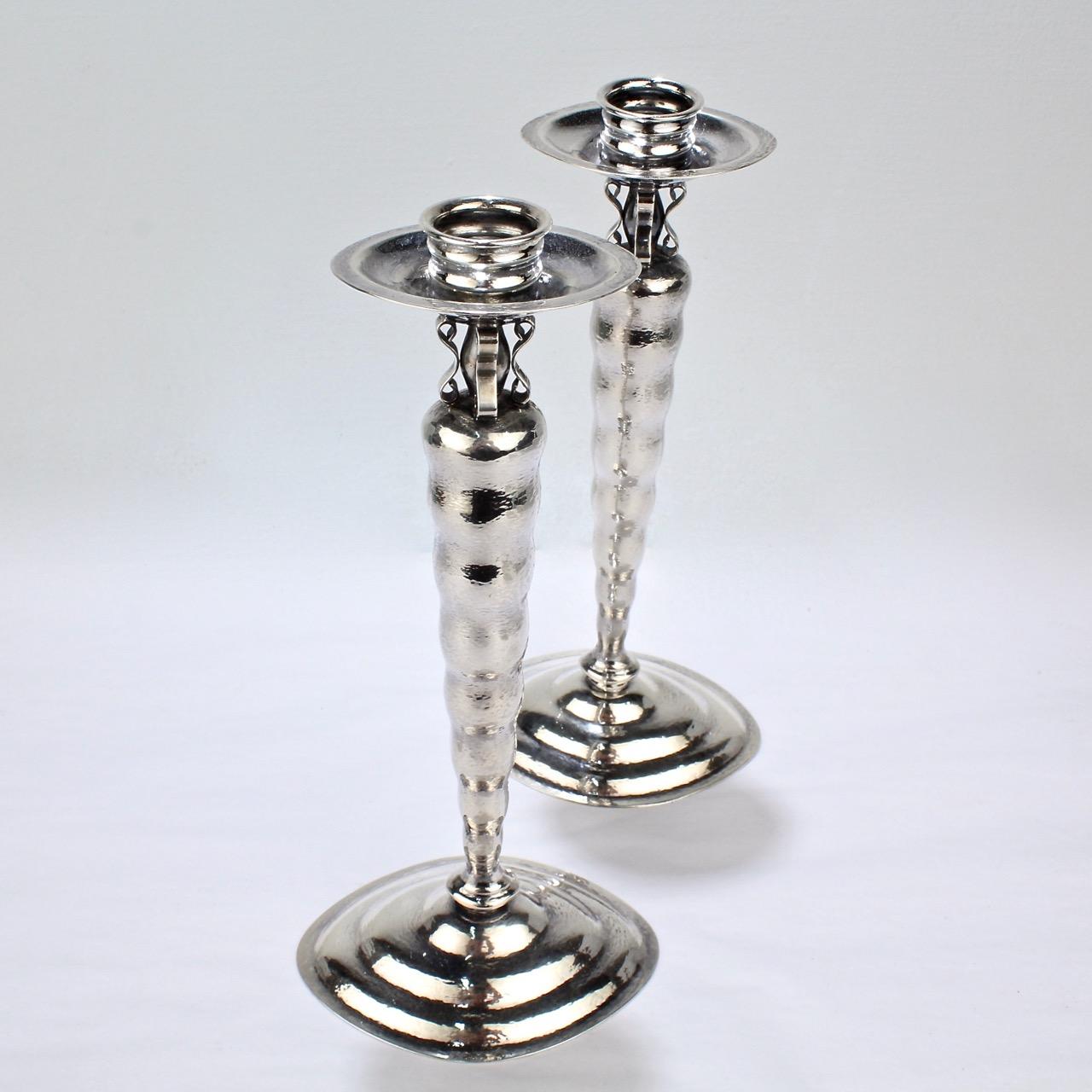 Pair Art Deco Reed & Barton Sterling Silver Hand Hammered Modernist Candlesticks For Sale 1