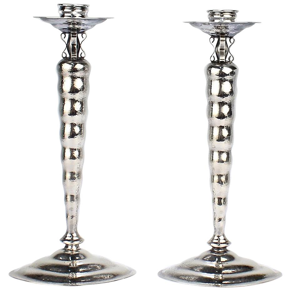 Pair Art Deco Reed & Barton Sterling Silver Hand Hammered Modernist Candlesticks