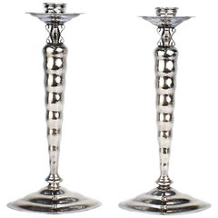 Antique Pair Art Deco Reed & Barton Sterling Silver Hand Hammered Modernist Candlesticks