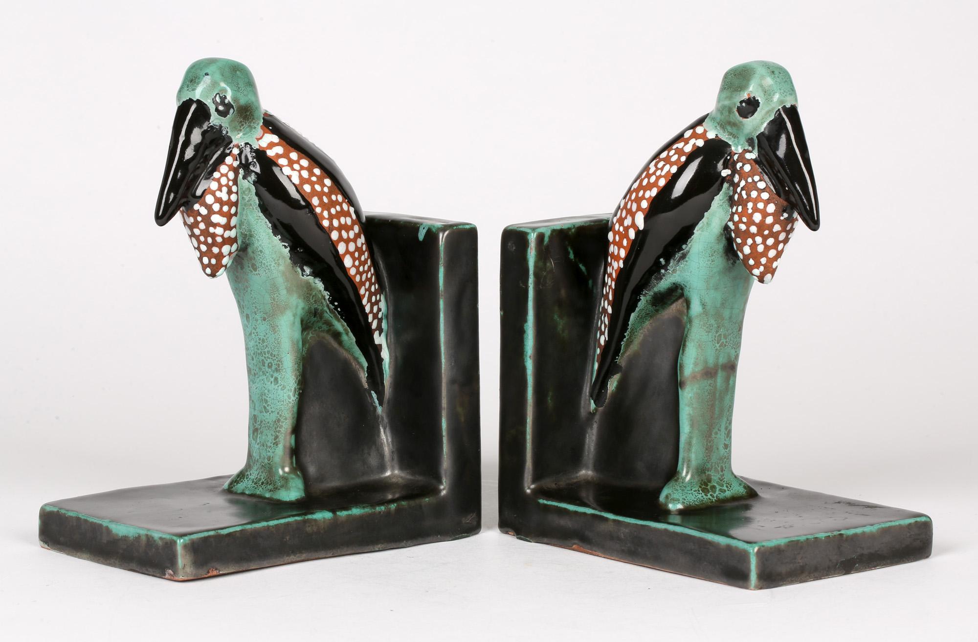 Pair Art Deco Scandinavian Attributed Grotesque Marabou Stork Pottery Bookends 5