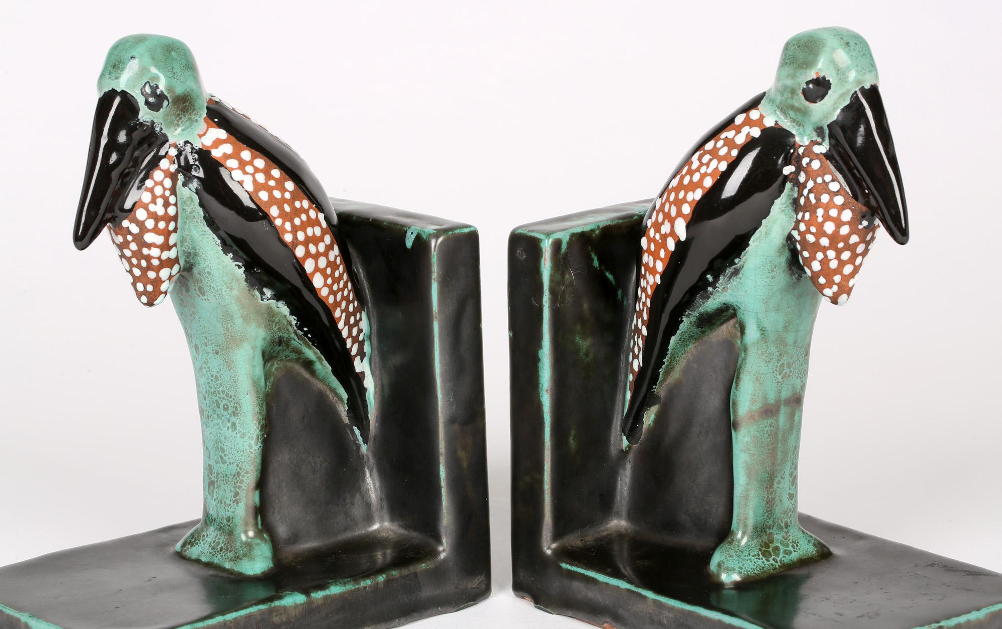 Pair Art Deco Scandinavian Attributed Grotesque Marabou Stork Pottery Bookends 6