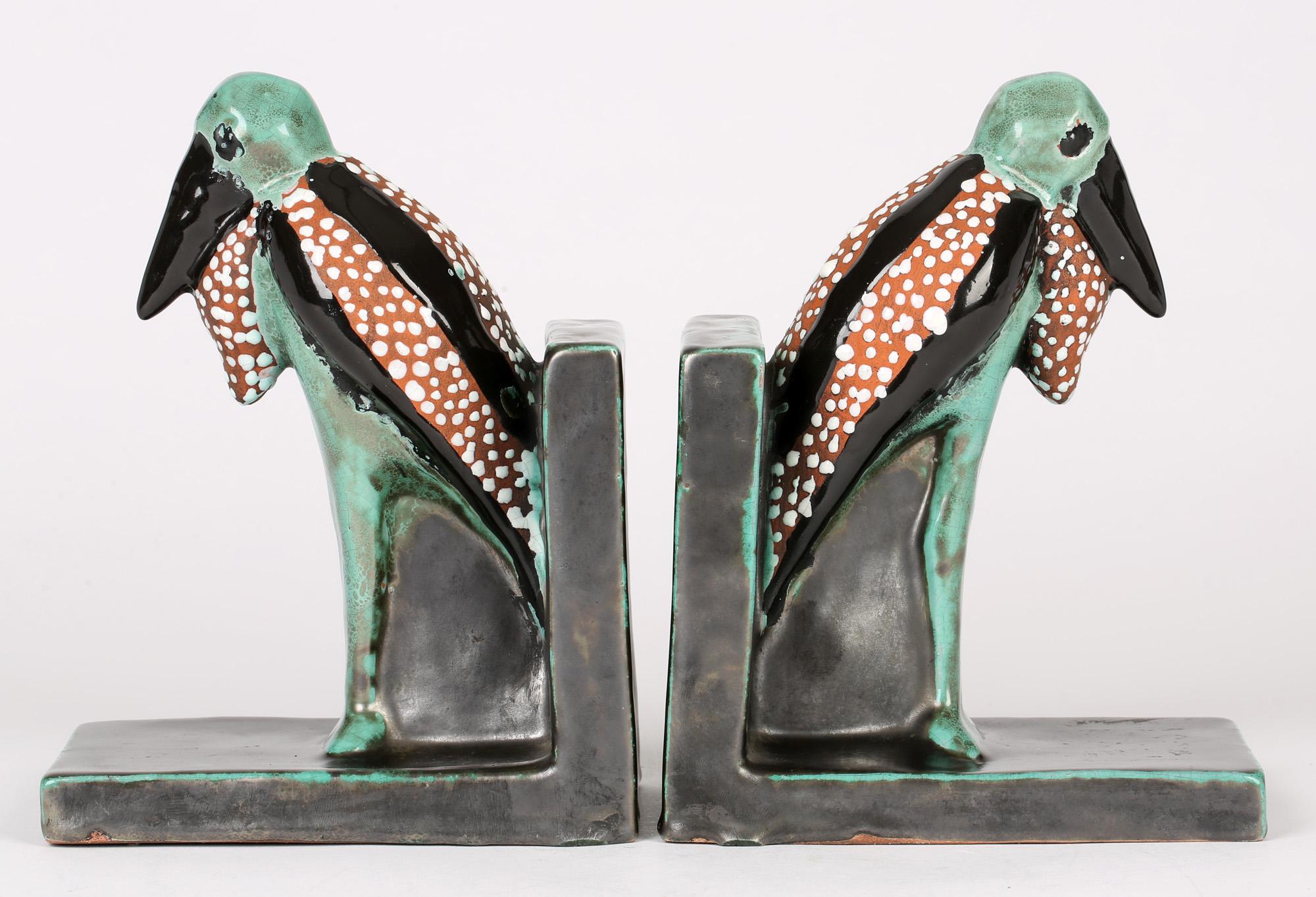 Hand-Crafted Pair Art Deco Scandinavian Attributed Grotesque Marabou Stork Pottery Bookends