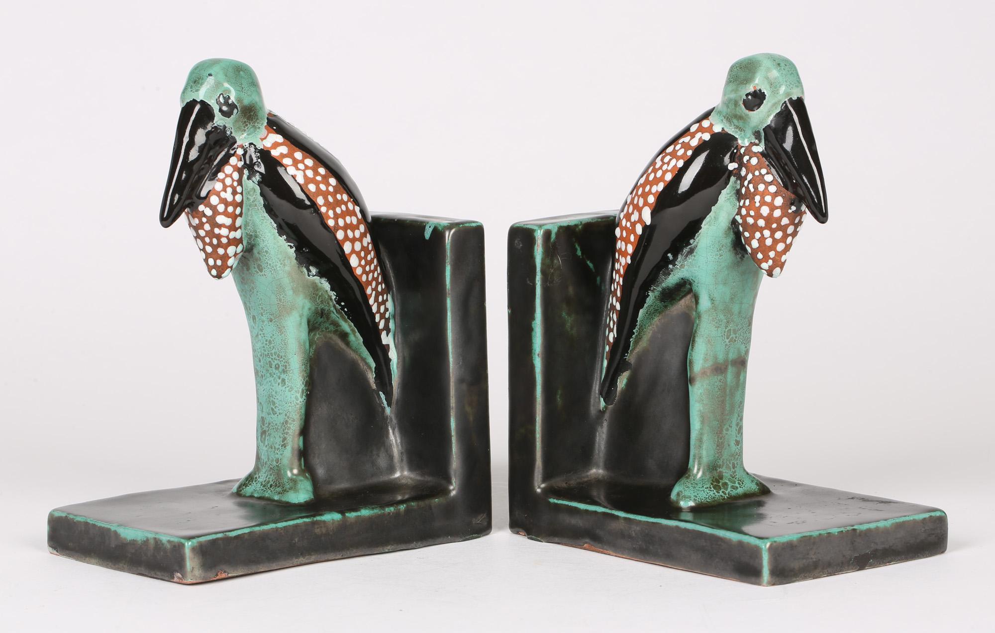 Pair Art Deco Scandinavian Attributed Grotesque Marabou Stork Pottery Bookends 1