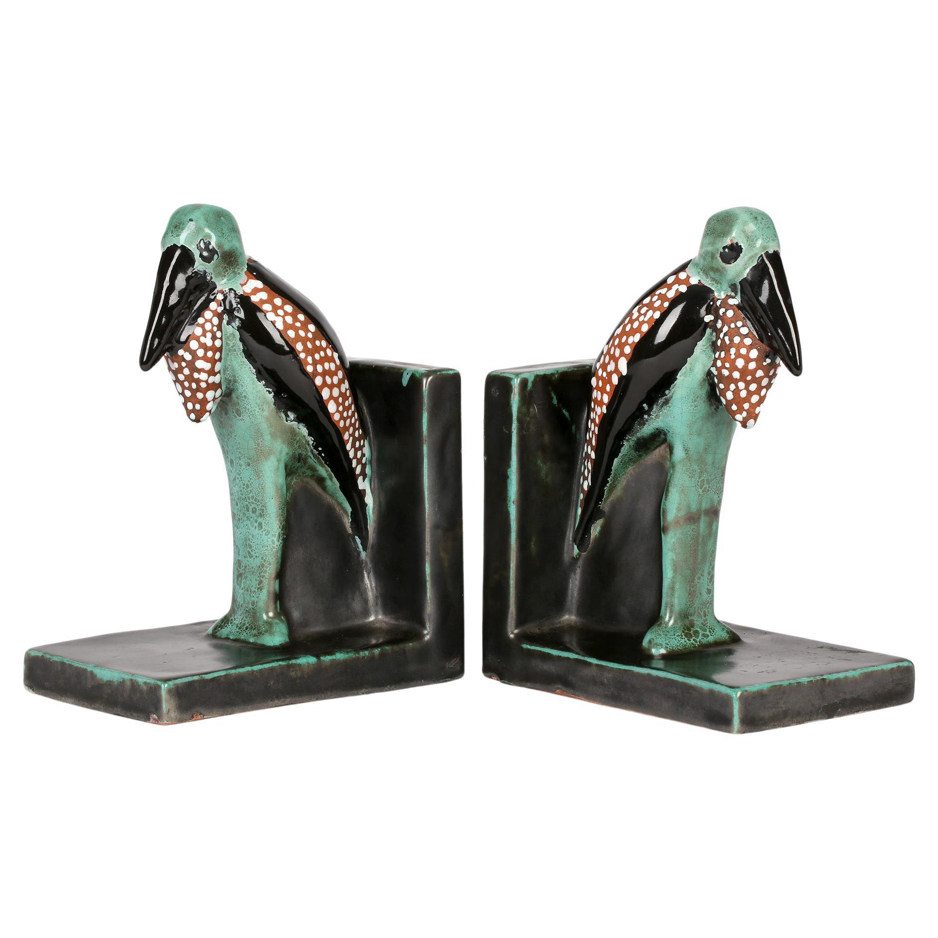 Pair Art Deco Scandinavian Attributed Grotesque Marabou Stork Pottery Bookends