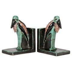 Pair Art Deco Scandinavian Attributed Grotesque Marabou Stork Pottery Bookends