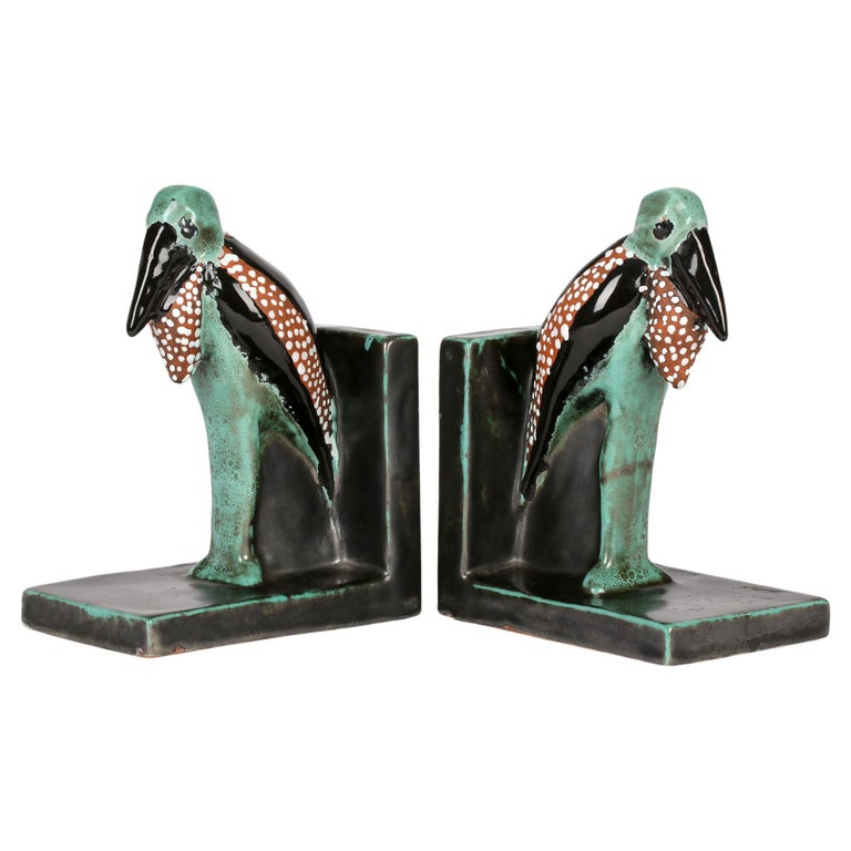 Pair Art Deco Scandinavian Attributed Grotesque Marabou Stork Pottery  Bookends at 1stDibs