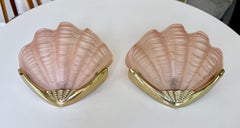 Pair Art Deco Shell Clam Shaped Pink Glass Brass Wall Sconce