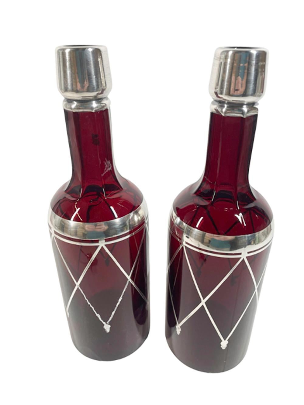 American Pair Art Deco Silver Overlay Ruby Red Back Bar Bottles or Decanters For Sale