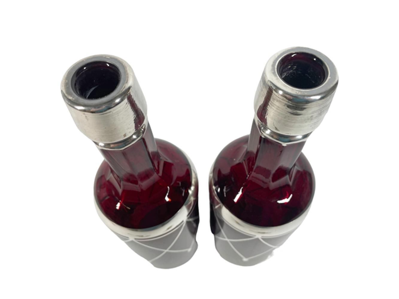 Pair Art Deco Silver Overlay Ruby Red Back Bar Bottles or Decanters In Good Condition For Sale In Chapel Hill, NC
