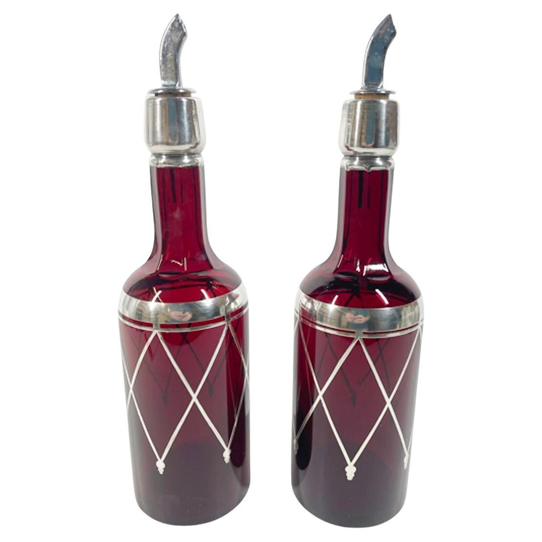 Pair Art Deco Silver Overlay Ruby Red Back Bar Bottles or Decanters For Sale