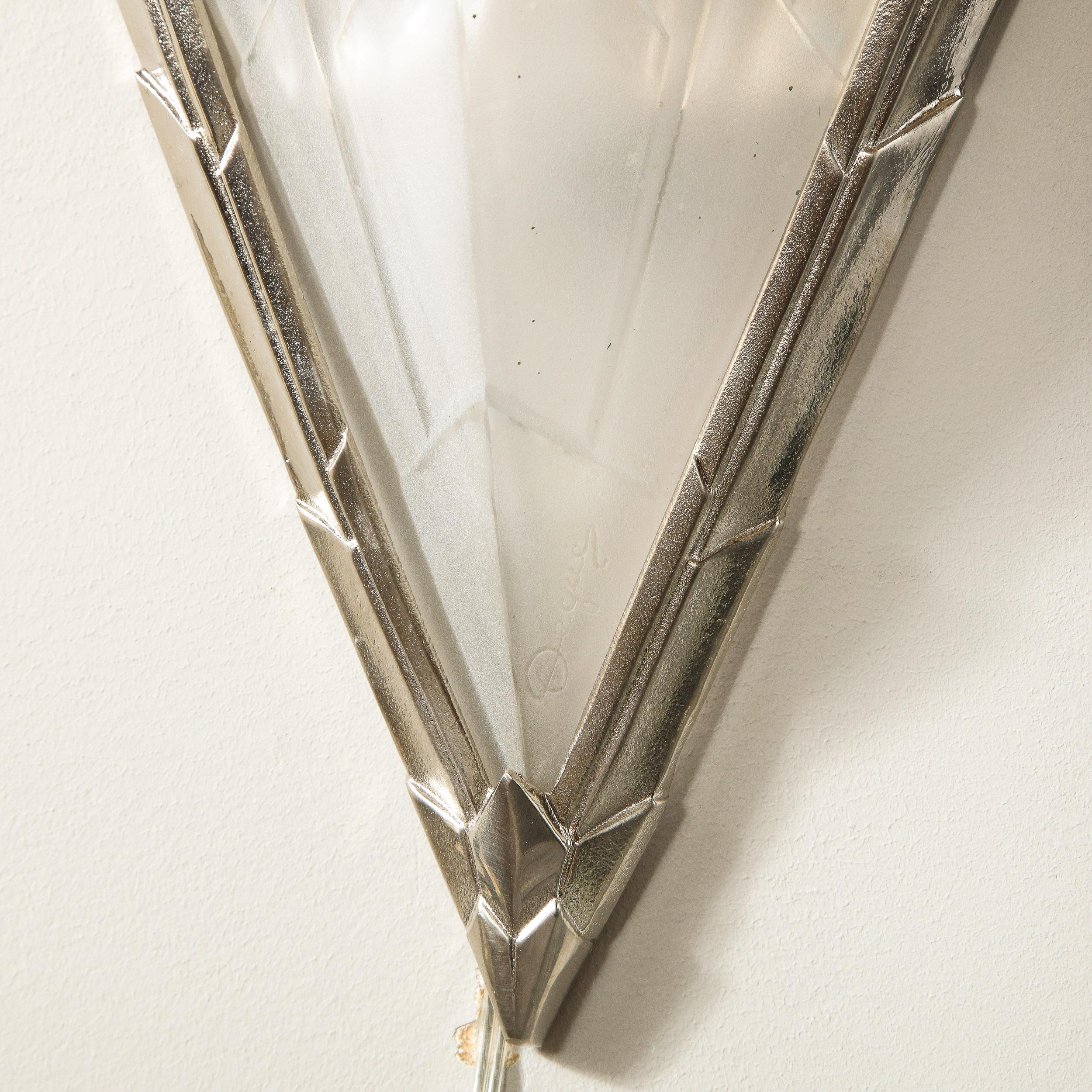 Pair Art Deco Silvered Bronze and Frosted Glass Sconces, Signed Degue' 3