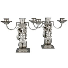 Pair of Art Deco Silvered Bronze Candelabra Mermaids Pierre Amédée Plasait, 1935