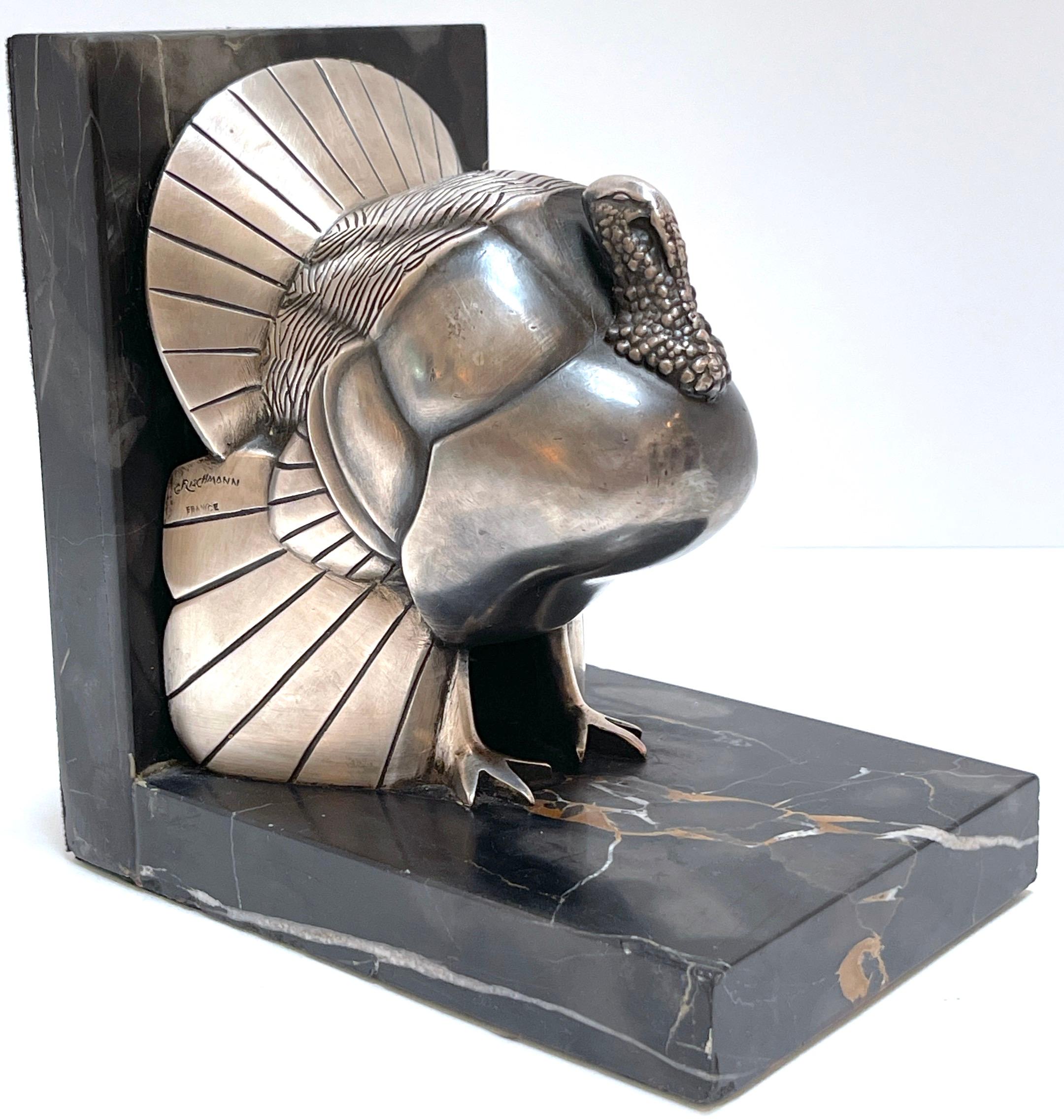 Pair Art Deco Silvered-Bronze 'Turkey' Bookends by G. Rischmann France, 1930s For Sale 6