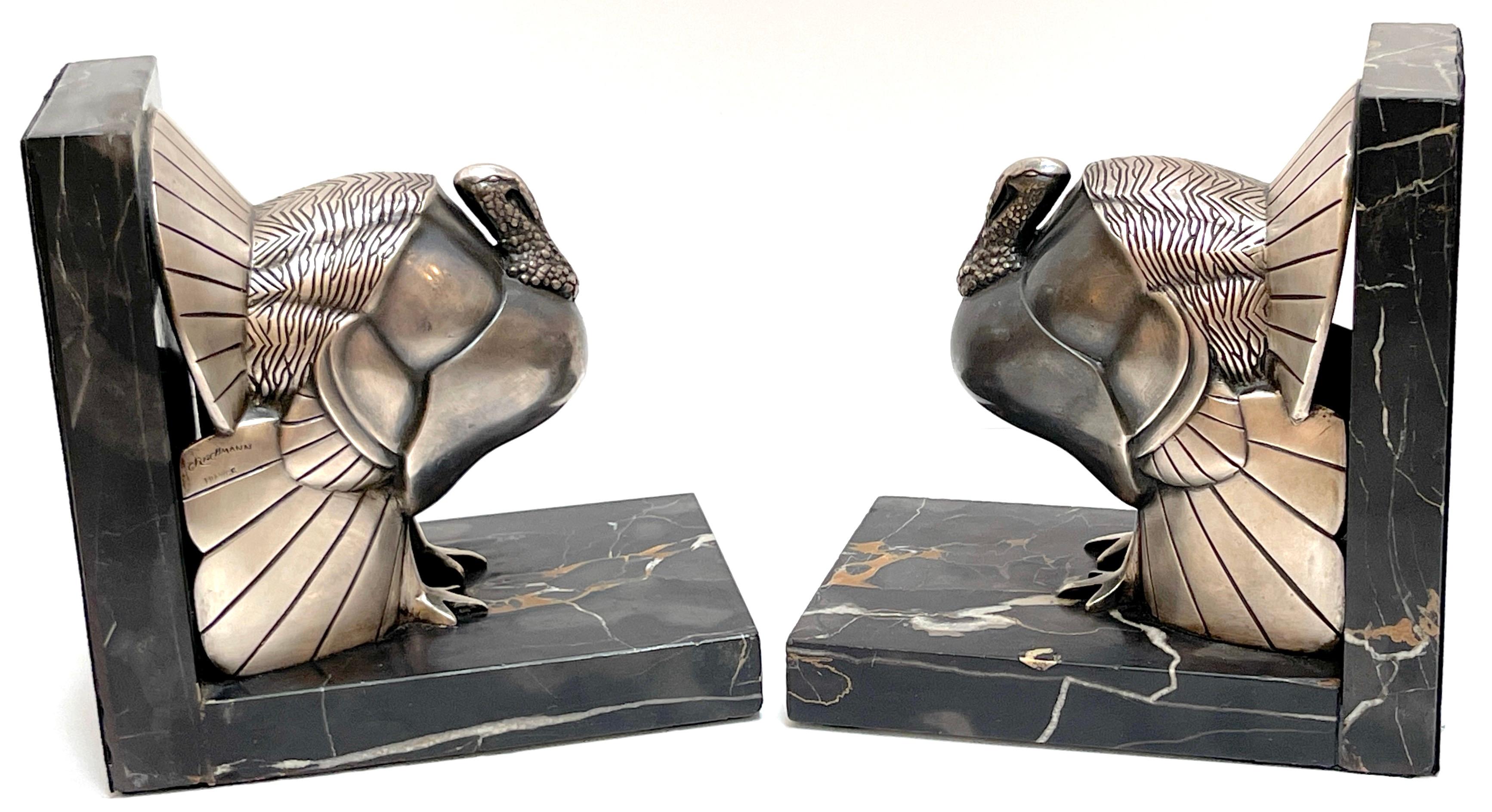Pair Art Deco Silvered-Bronze 'Turkey' Bookends by G. Rischmann France, 1930s In Good Condition For Sale In West Palm Beach, FL