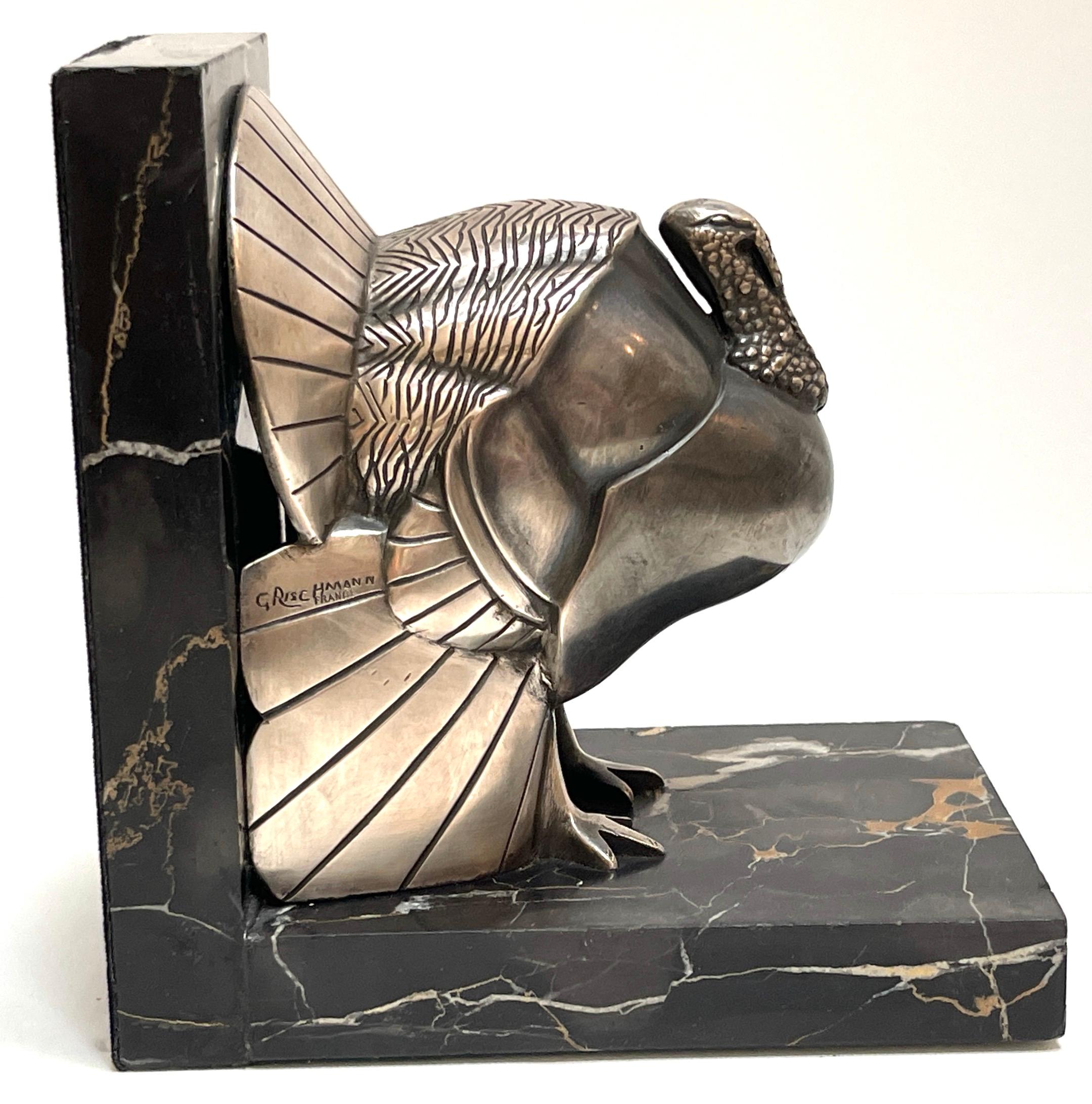 20th Century Pair Art Deco Silvered-Bronze 'Turkey' Bookends by G. Rischmann France, 1930s For Sale