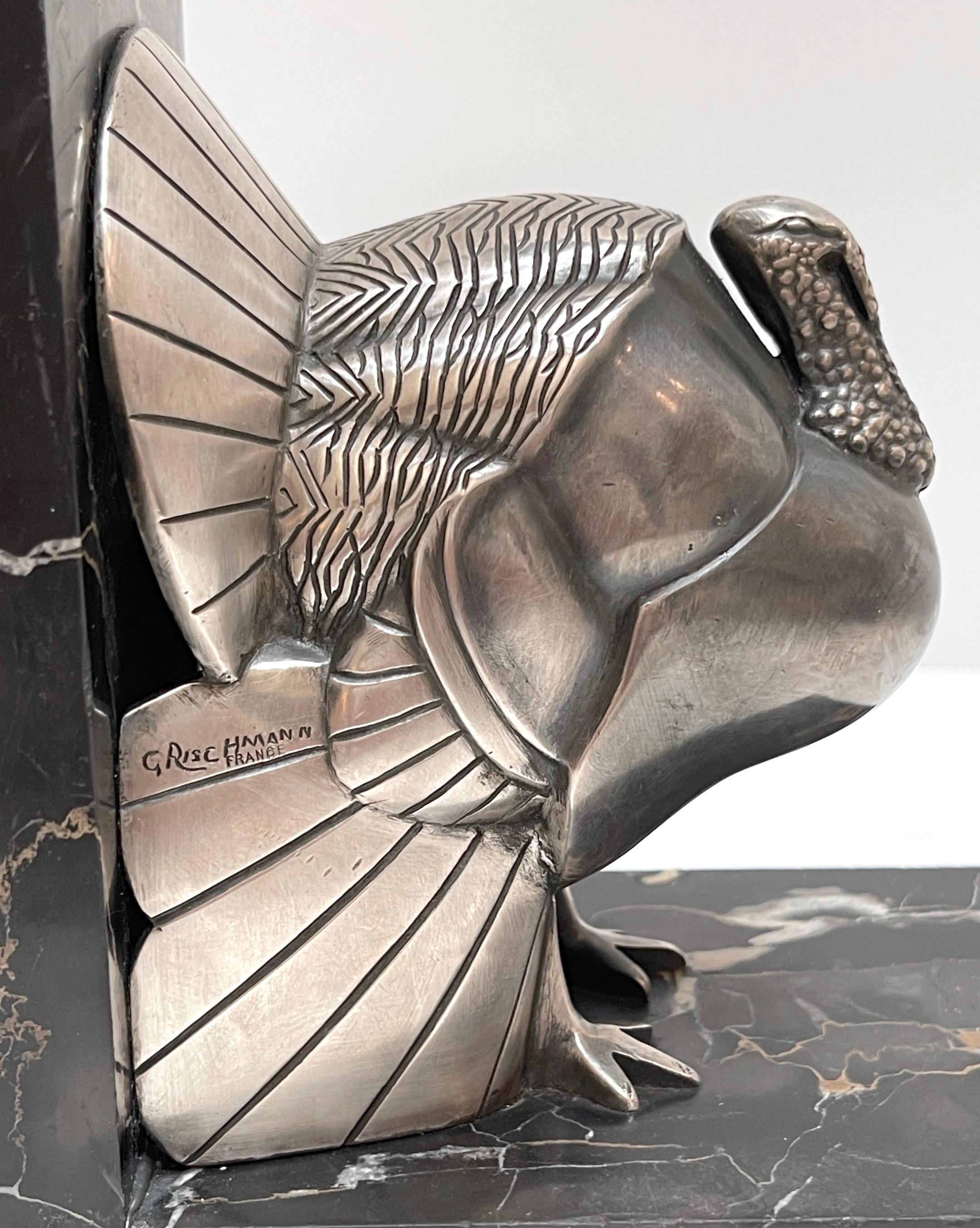 Pair Art Deco Silvered-Bronze 'Turkey' Bookends by G. Rischmann France, 1930s For Sale 1