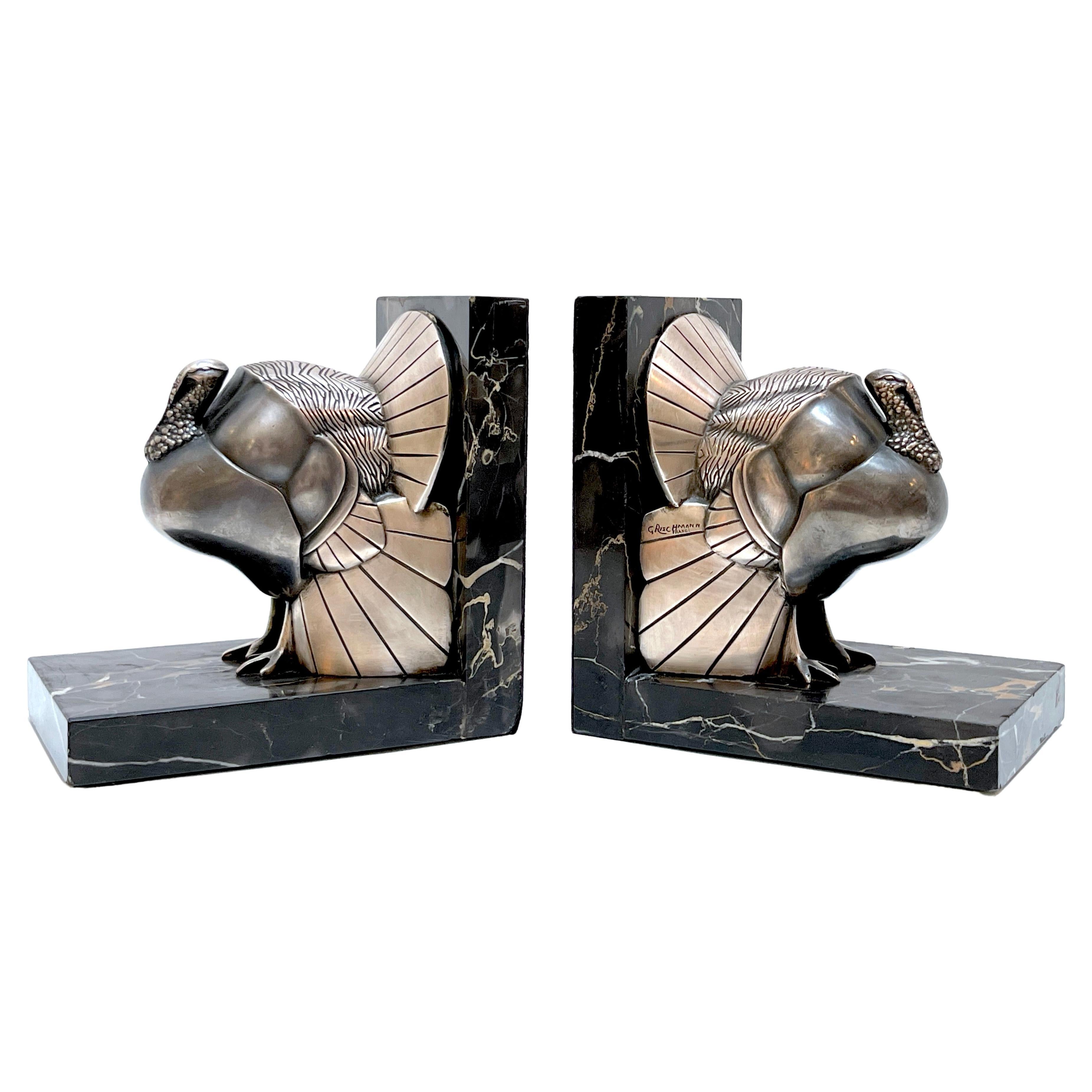 Pair Art Deco Silvered-Bronze 'Turkey' Bookends by G. Rischmann France, 1930s For Sale