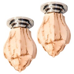 Antique Pair of Art Deco Skyscraper Flush Mount Lights with Marbled Glass