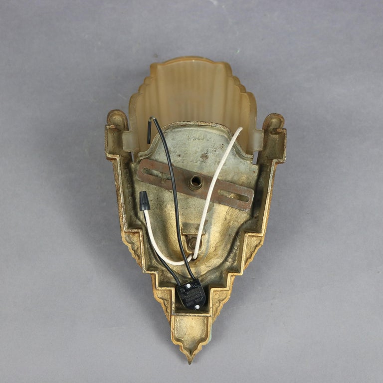 Pair of Art Deco Slip Shade Stylized Foliate Wall Sconces by Markel