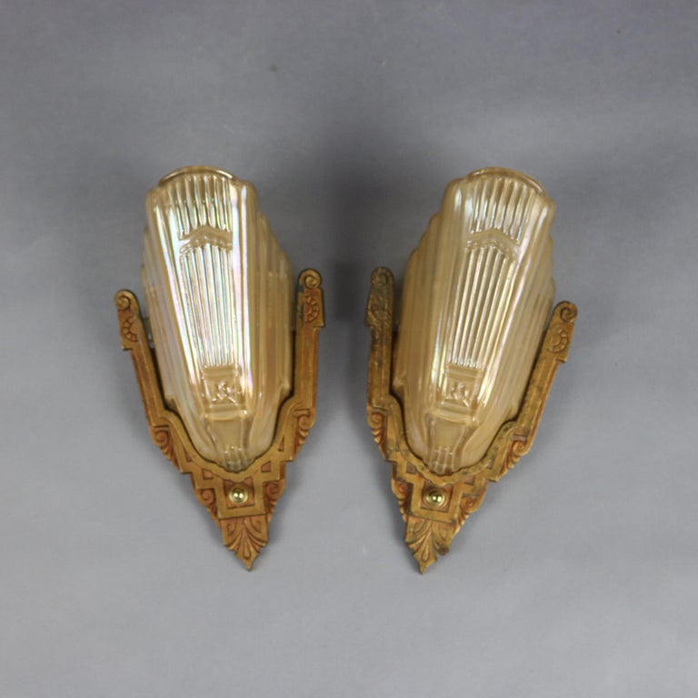 Pair of Art Deco Slip Shade Stylized Foliate Wall Sconces by Markel
