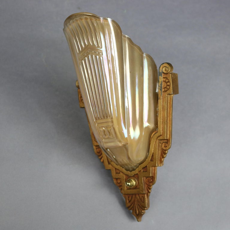 Pair of Art Deco Slip Shade Stylized Foliate Wall Sconces by Markel