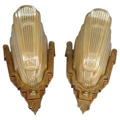 Pair of Art Deco Slip Shade Stylized Foliate Wall Sconces by Markel, circa 1930