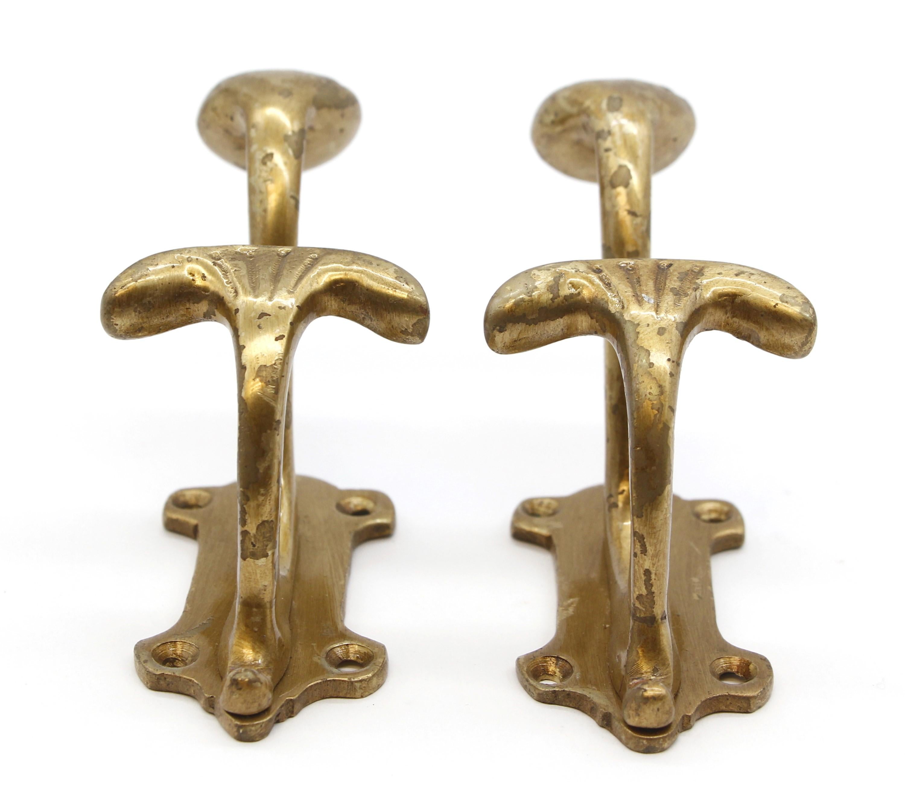 American Pair Art Deco Solid Brass Double Coat & Hat Wall Hooks