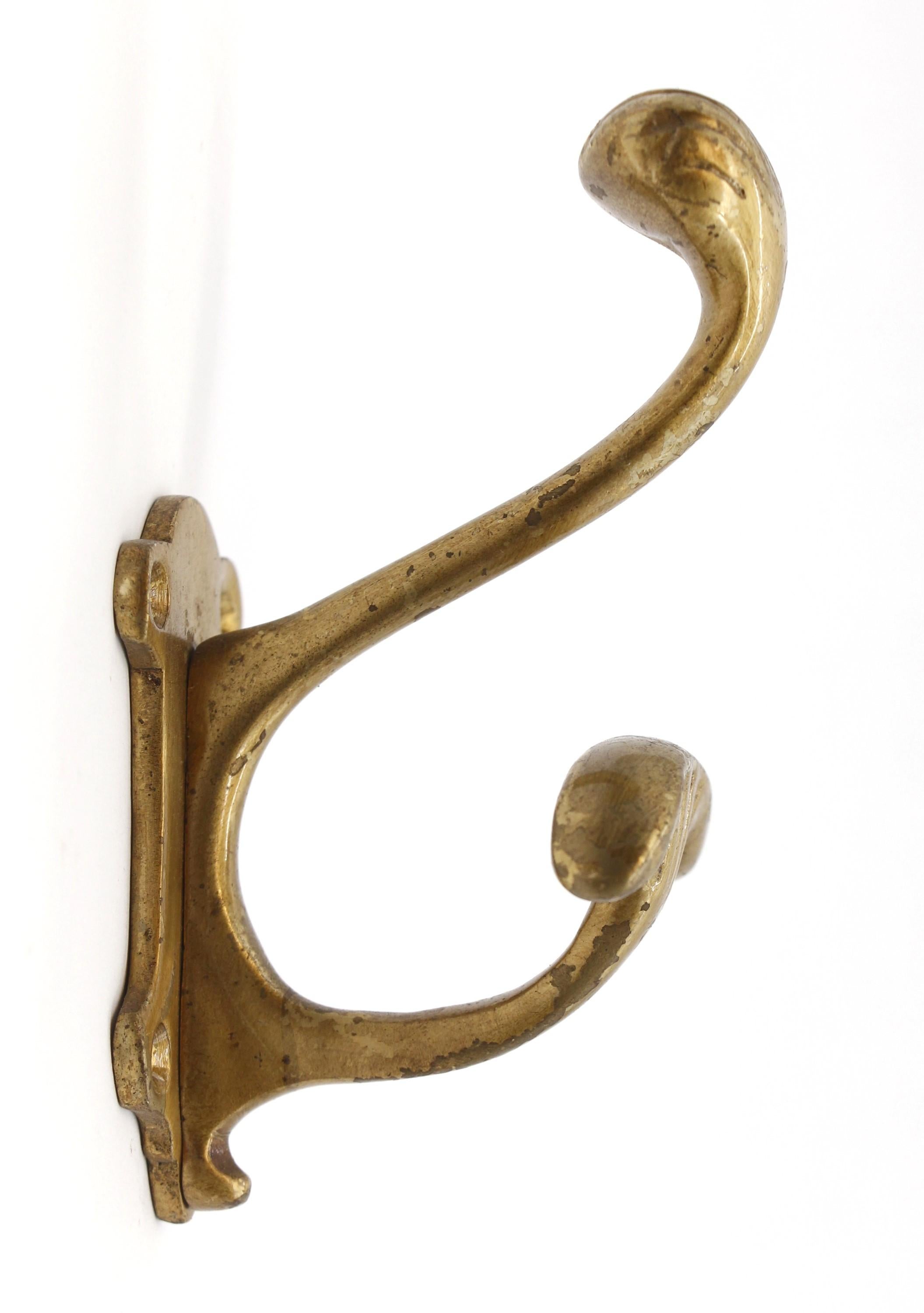 Pair Art Deco Solid Brass Double Coat & Hat Wall Hooks In Good Condition In New York, NY